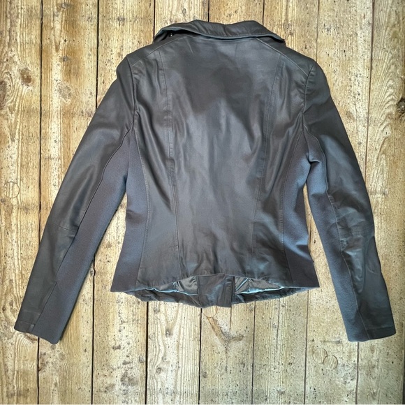 LAMARQUE Gray Soft Leather Moto Jacket Asymmetric Zip Funnel Neck Size M - Picture 2 of 9